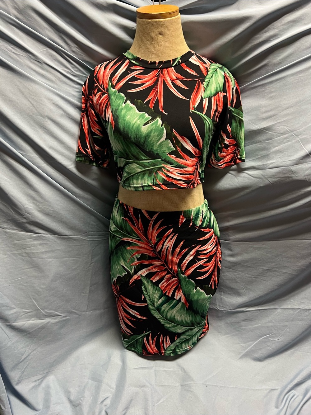 Tropical Print Black Crop Top & Skirt Set - Green and Orange